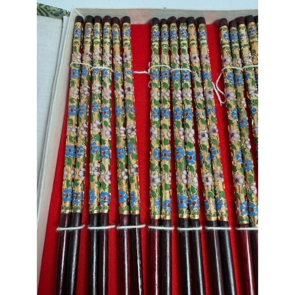 Vintage Cloisonne Enamel Floral Wood Chopsticks 10 Pair Set with Fabric Case